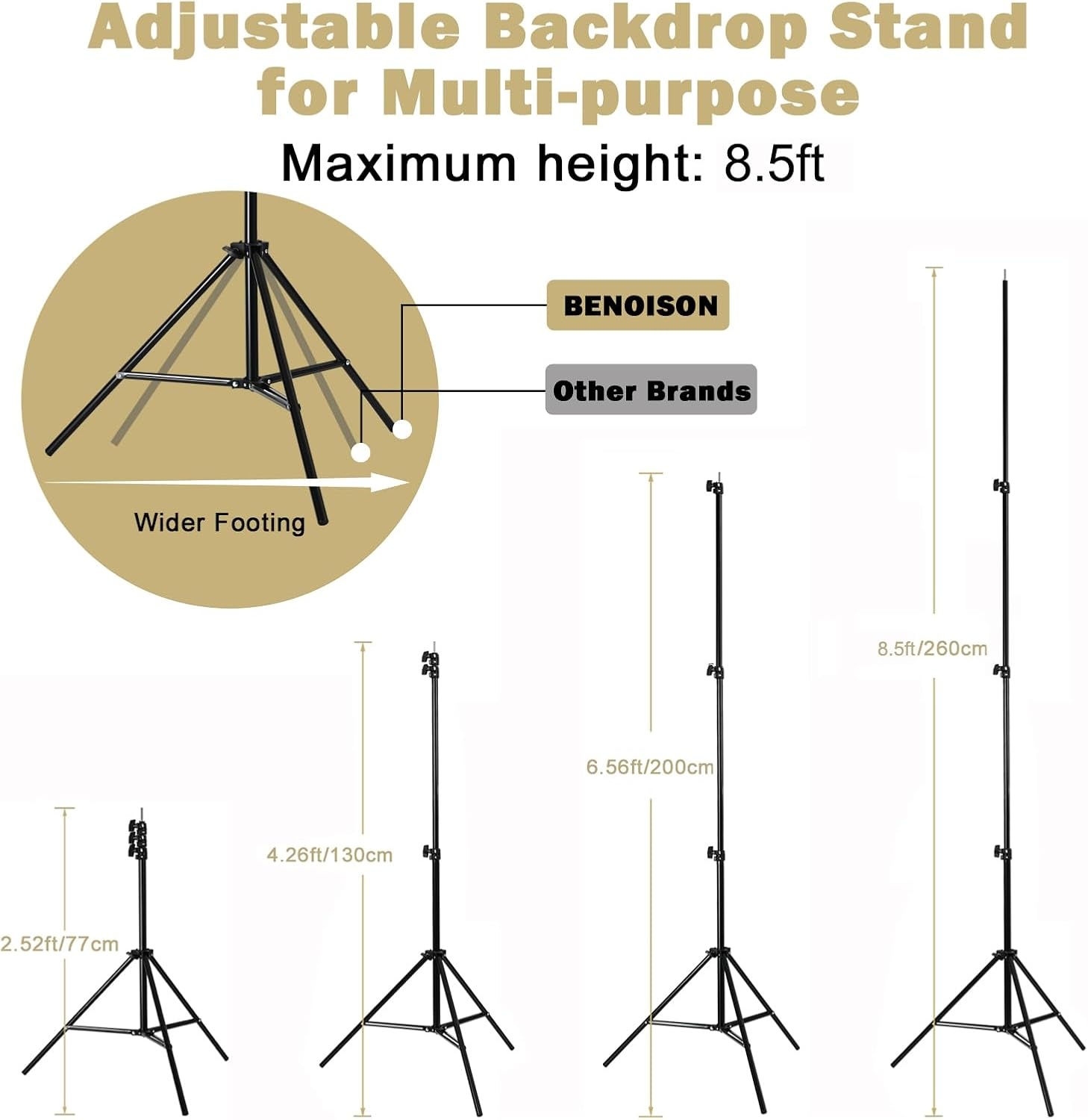 BENOISON Achterdoek Stand Kit - 2,6×3m(8,5x10ft) Fotografie Foto Achterdoek Stand, Verstelbare Achtergrond Stand Verdikt Stevig Achtergrondsteunen met Waterzak (Zwart)