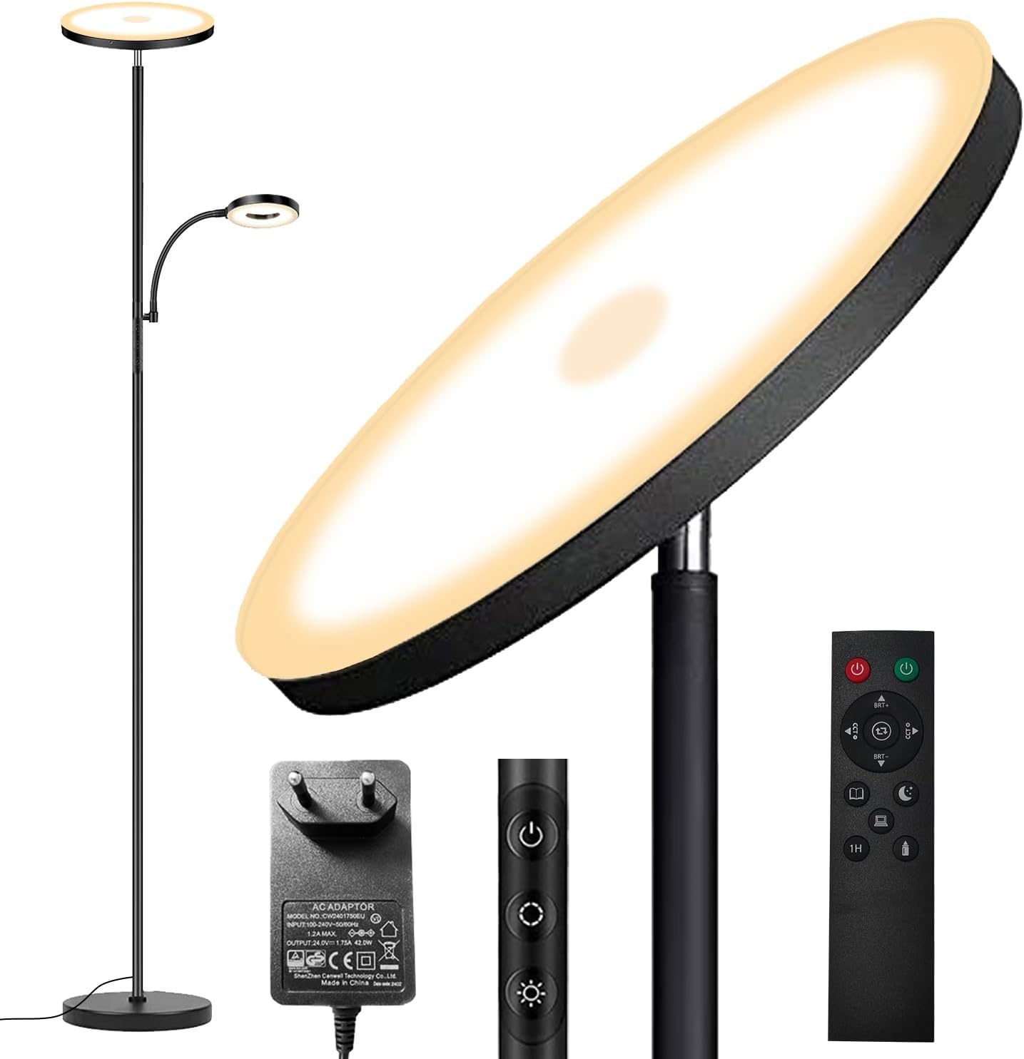 42W LED Vloerlamp, 3700LM Moderne Dimbare Vloerlamp met Zijverlichting 2700K-6500K Traploos Dimmen, Afstandsbediening en Touch control, Vloerlamp voor Woonkamer Slaapkamer Kantoor