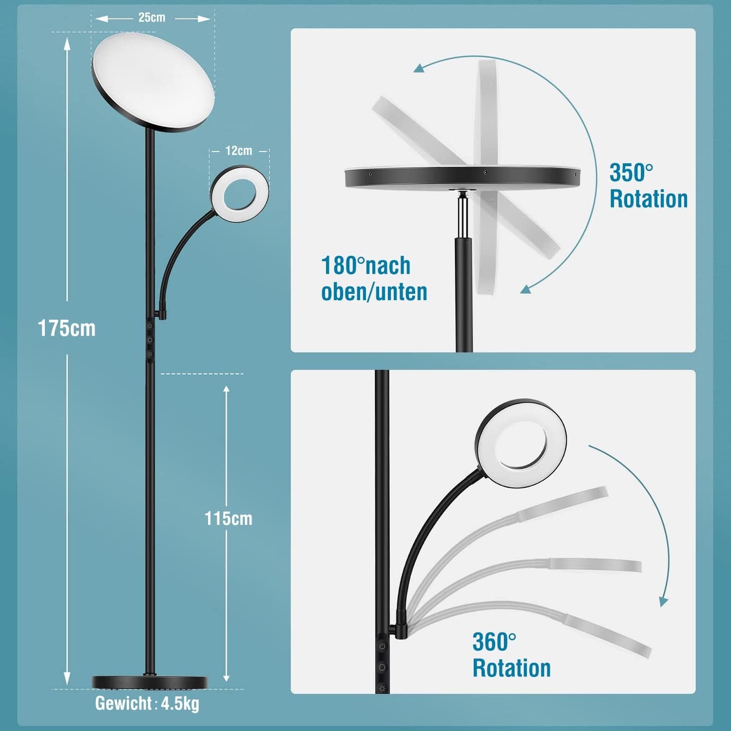 42W LED Vloerlamp, 3700LM Moderne Dimbare Vloerlamp met Zijverlichting 2700K-6500K Traploos Dimmen, Afstandsbediening en Touch control, Vloerlamp voor Woonkamer Slaapkamer Kantoor