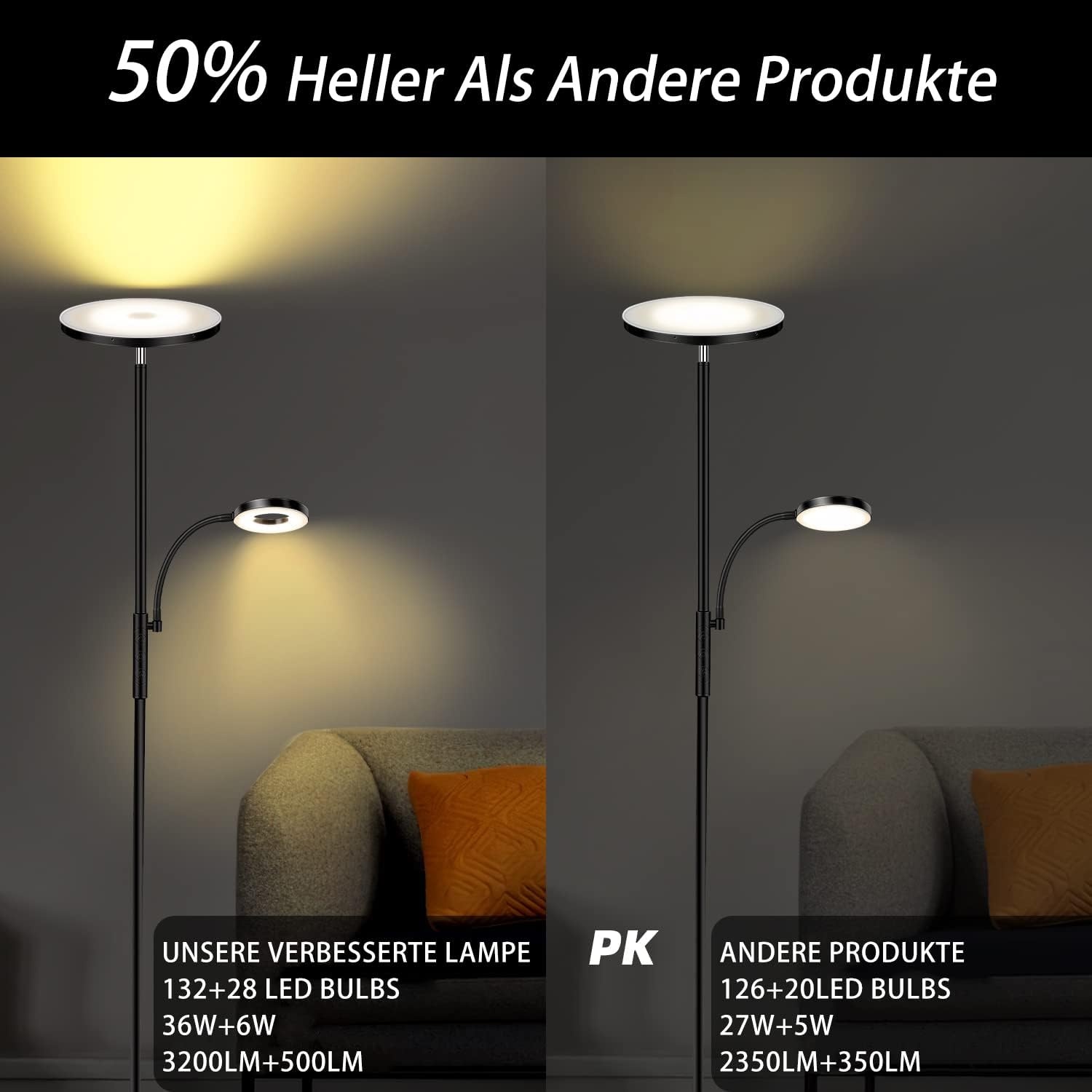42W LED Vloerlamp, 3700LM Moderne Dimbare Vloerlamp met Zijverlichting 2700K-6500K Traploos Dimmen, Afstandsbediening en Touch control, Vloerlamp voor Woonkamer Slaapkamer Kantoor