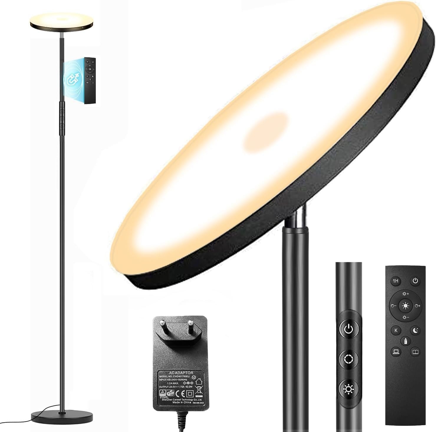 42W LED Vloerlamp, 3700LM Moderne Dimbare Vloerlamp met Zijverlichting 2700K-6500K Traploos Dimmen, Afstandsbediening en Touch control, Vloerlamp voor Woonkamer Slaapkamer Kantoor