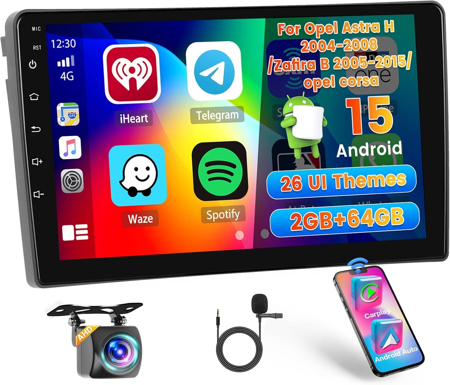 Hikity 2+64G Android 13 Car Stereo voor Opel Astra H 2004-2008 Zafira B 2005-2015 Carplay Draadloze Android Auto, 9 'touchscreen radio met Mirror Link GPS Bluetooth FM RDS WiFi EQ SWC MIC Camera