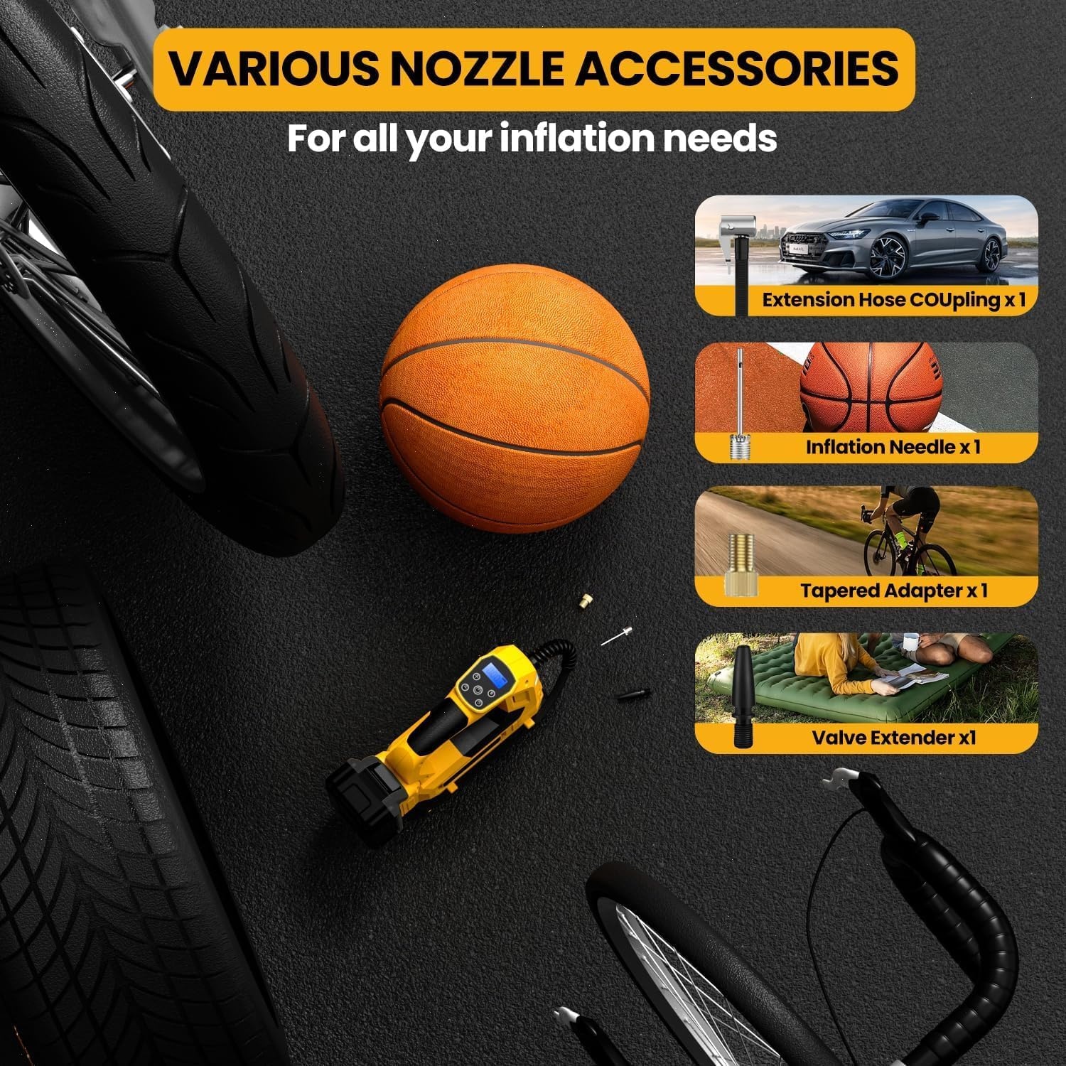 Accucompressor voor 18 V accu (zonder accu), draagbare ledlamp, handheld luchtpomp met digitale manometer, elektrische luchtcompressor voor auto's, motorfietsen, fietsen, sportballen