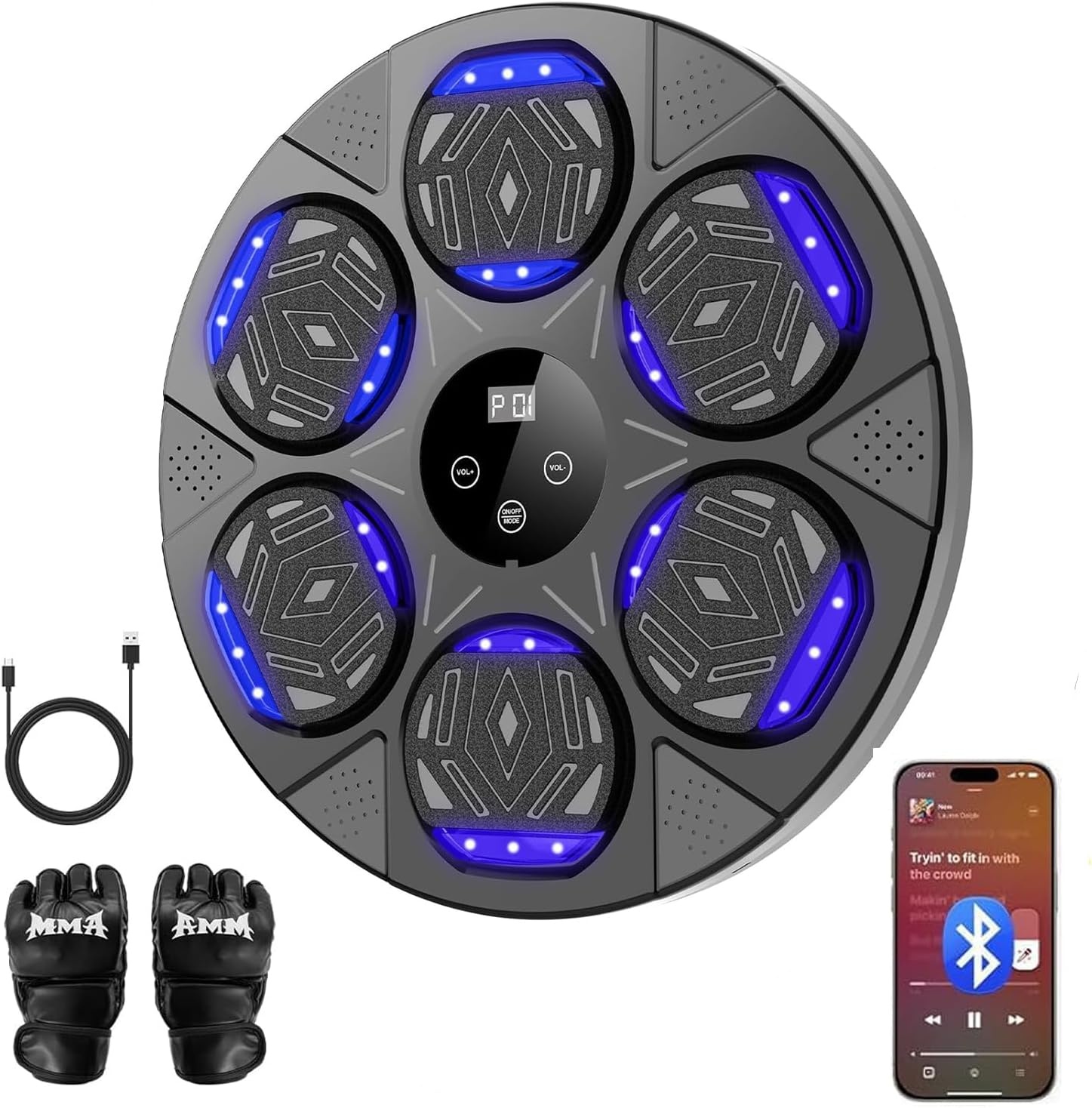 Muziekboksmachine met bluetooth, led-lichtbox, machine met muziek met bokshandschoenen, elektronische boksmachine voor wandmontage met 7 modi