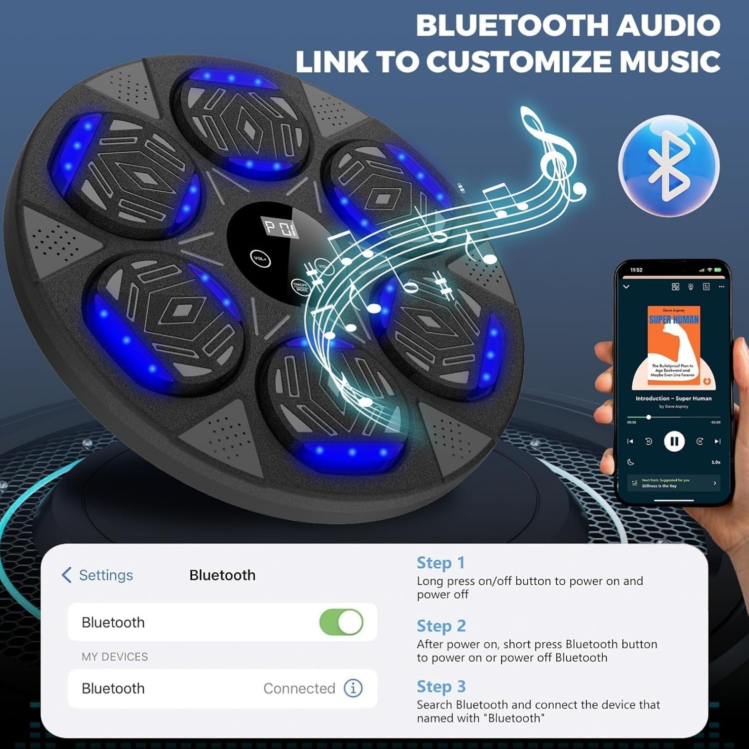 Muziekboksmachine met bluetooth, led-lichtbox, machine met muziek met bokshandschoenen, elektronische boksmachine voor wandmontage met 7 modi