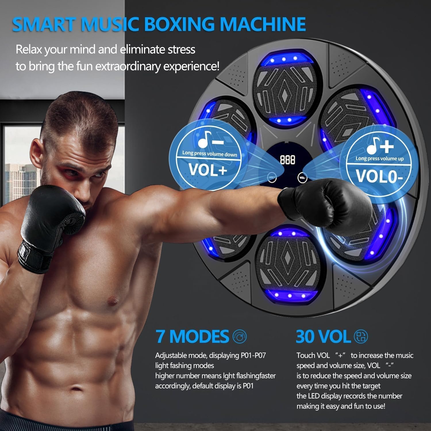 Muziekboksmachine met bluetooth, led-lichtbox, machine met muziek met bokshandschoenen, elektronische boksmachine voor wandmontage met 7 modi