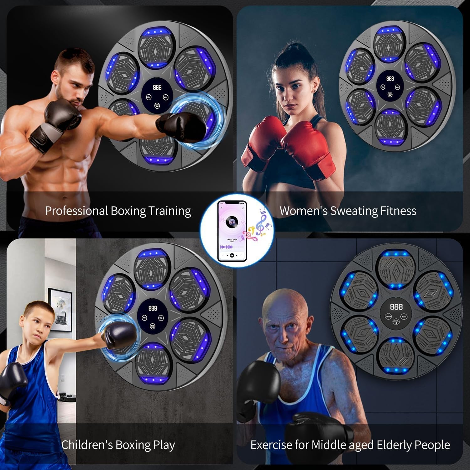 Muziekboksmachine met bluetooth, led-lichtbox, machine met muziek met bokshandschoenen, elektronische boksmachine voor wandmontage met 7 modi