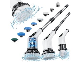 Elektrische draaiende schrobber, Leebein draadloze reinigingsborstel met 8 vervangbare boorborstelkoppen, bad en vloertegel 360 Power scrubber-dweil met verstelbare handgreep van 54 in/137 cm voor badkamer, keuken, auto (Wit)