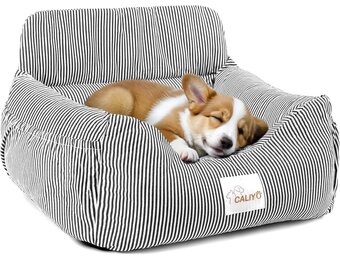 CALIYO Hondenautostoel met stabiele basis en veiligheidsgordel, hondenstoel auto voor kleine tot 10 kg, traagschuim zitkussen, waterdichte, wasbare hondenmand met opbergtas (zwart/wit)