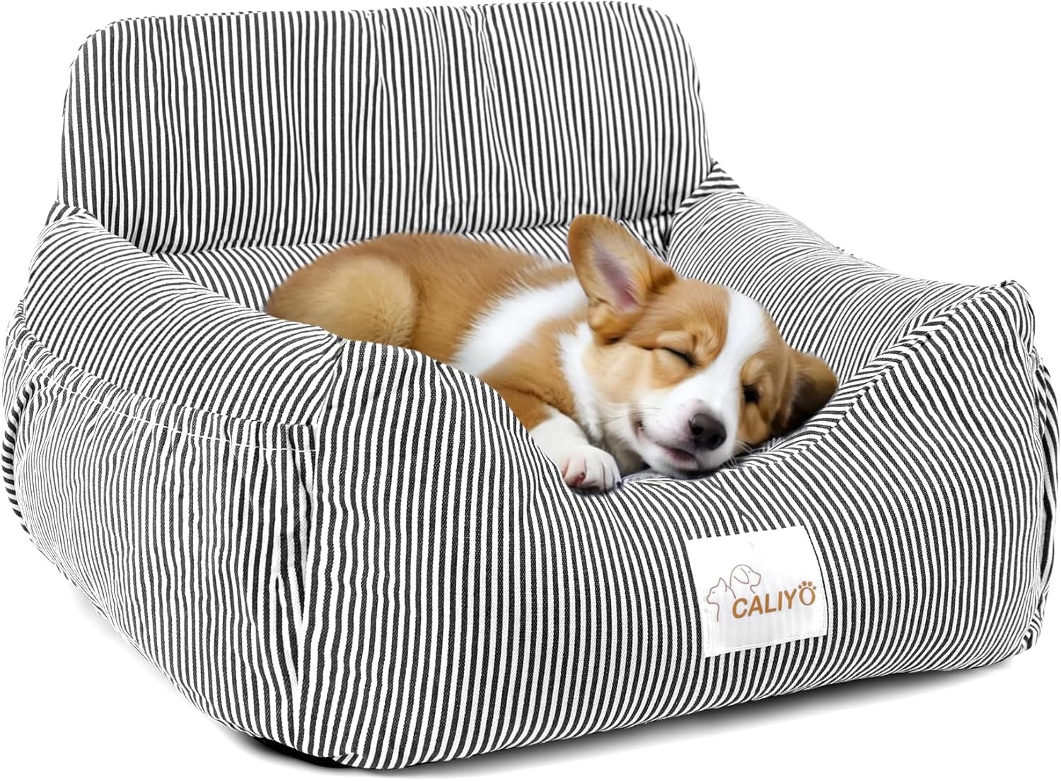 CALIYO Hondenautostoel met stabiele basis en veiligheidsgordel, hondenstoel auto voor kleine tot 10 kg, traagschuim zitkussen, waterdichte, wasbare hondenmand met opbergtas (zwart/wit)