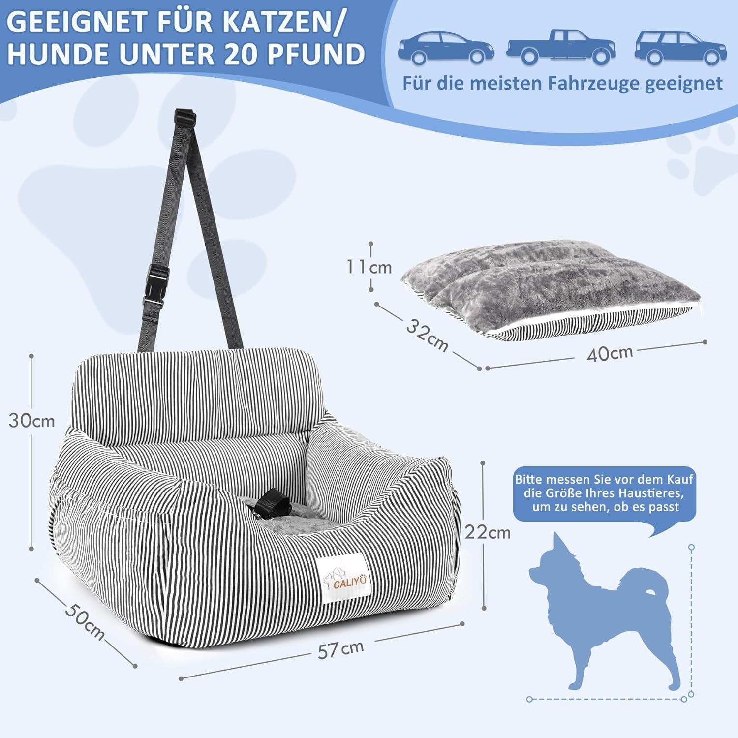 CALIYO Hondenautostoel met stabiele basis en veiligheidsgordel, hondenstoel auto voor kleine tot 10 kg, traagschuim zitkussen, waterdichte, wasbare hondenmand met opbergtas (zwart/wit)