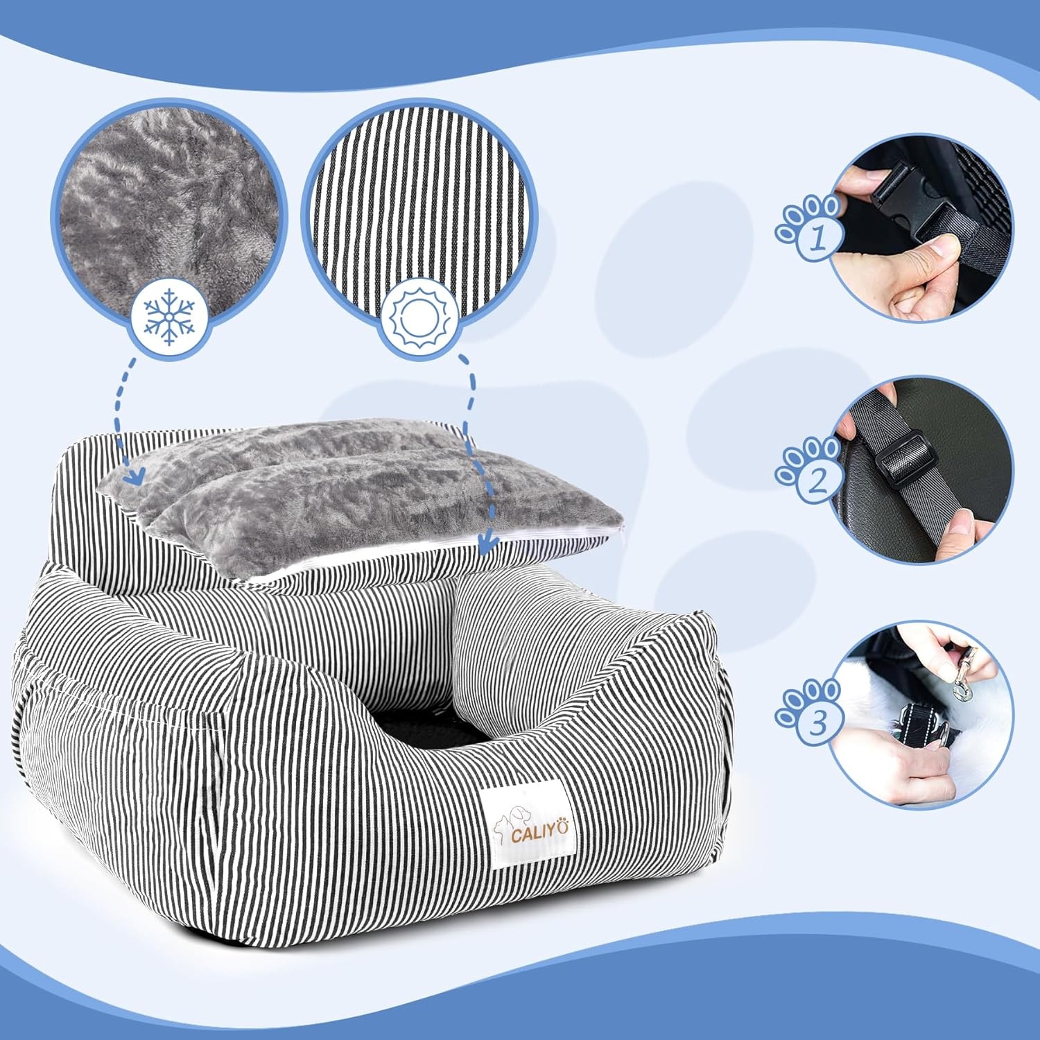 CALIYO Hondenautostoel met stabiele basis en veiligheidsgordel, hondenstoel auto voor kleine tot 10 kg, traagschuim zitkussen, waterdichte, wasbare hondenmand met opbergtas (zwart/wit)