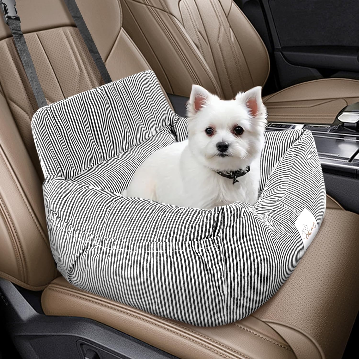 CALIYO Hondenautostoel met stabiele basis en veiligheidsgordel, hondenstoel auto voor kleine tot 10 kg, traagschuim zitkussen, waterdichte, wasbare hondenmand met opbergtas (zwart/wit)