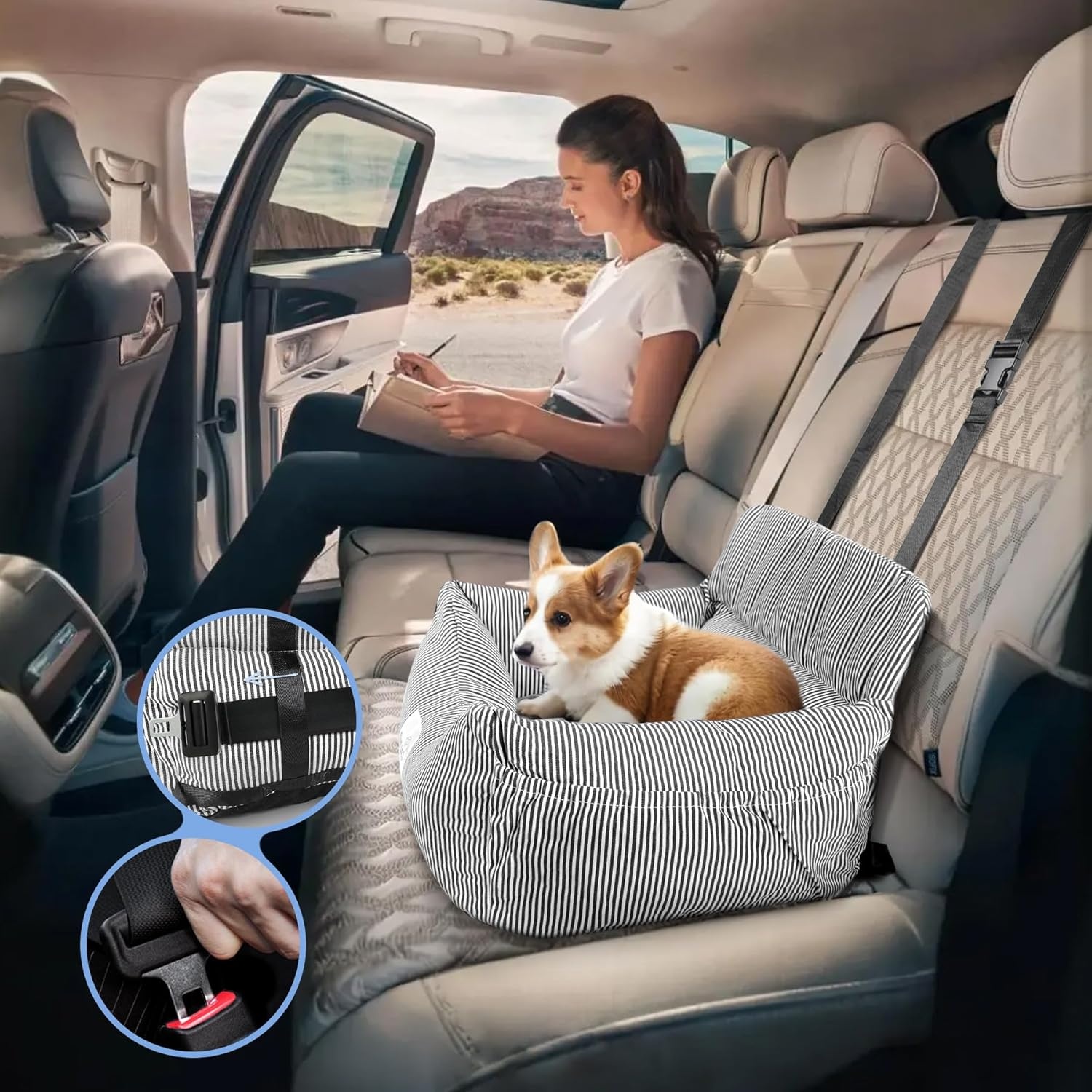 CALIYO Hondenautostoel met stabiele basis en veiligheidsgordel, hondenstoel auto voor kleine tot 10 kg, traagschuim zitkussen, waterdichte, wasbare hondenmand met opbergtas (zwart/wit)