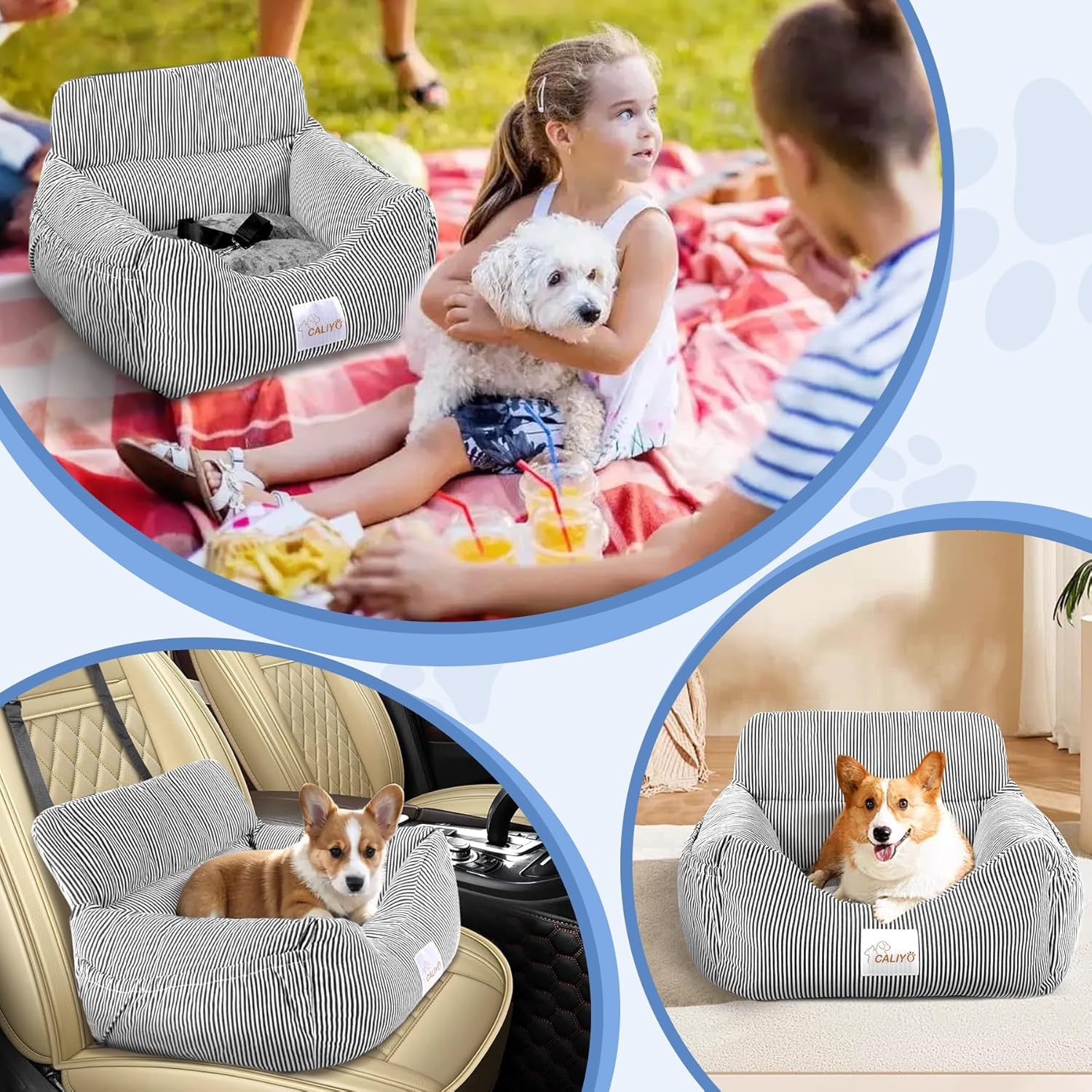 CALIYO Hondenautostoel met stabiele basis en veiligheidsgordel, hondenstoel auto voor kleine tot 10 kg, traagschuim zitkussen, waterdichte, wasbare hondenmand met opbergtas (zwart/wit)