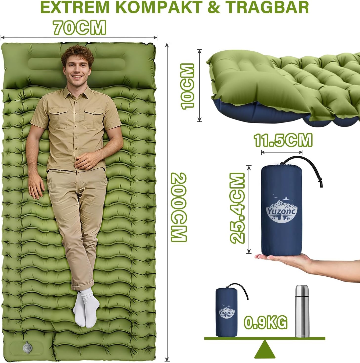 Yuzonc Camping-isolatiematras, zelfopblazend, extra dikke camping-luchtmatras met voetpomp en kussen, klein formaat verpakking, compact en licht, voor buiten