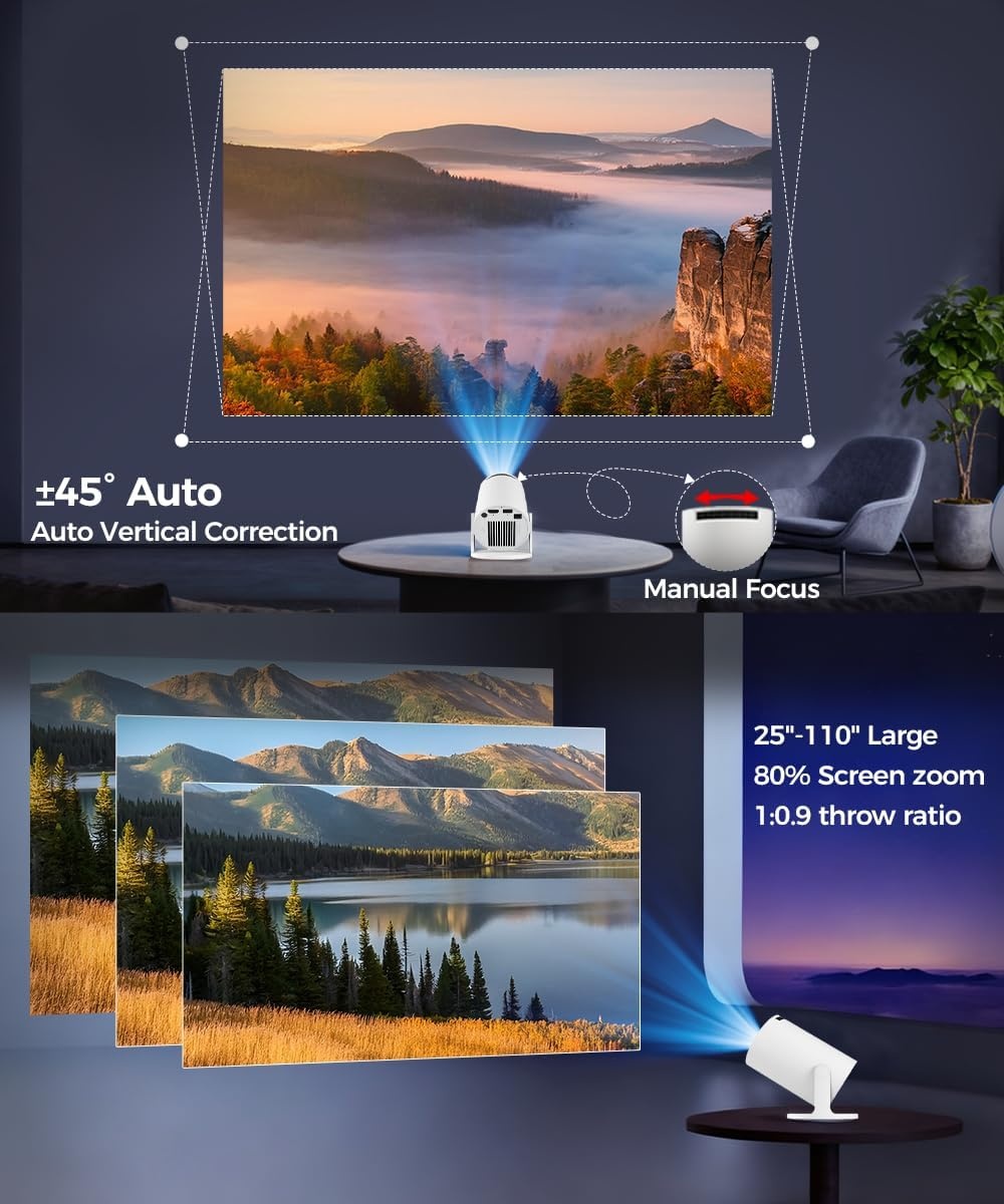 Draagbare Projector 4K 1080P, Android 14, 200" Scherm, 29% Korting