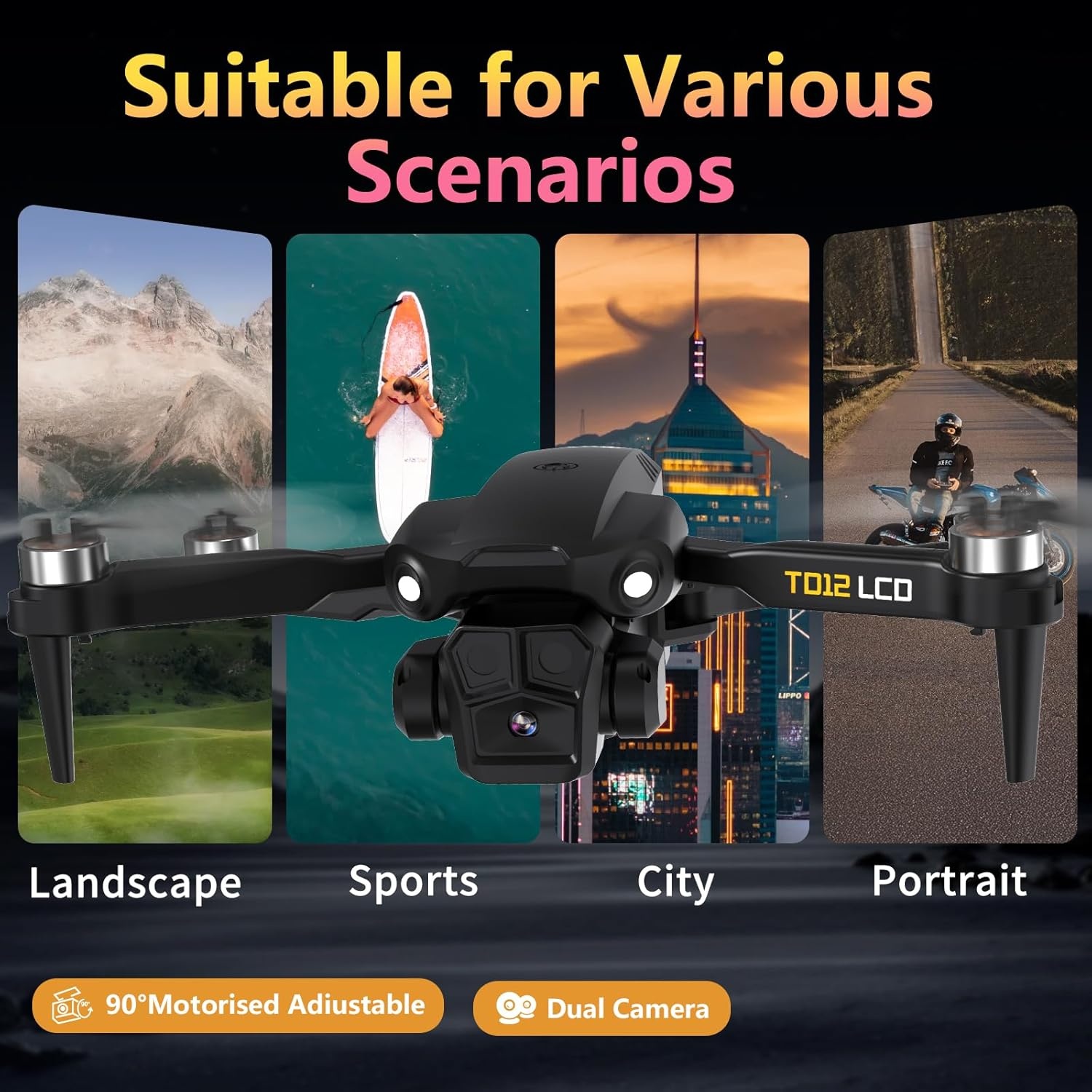 Toladrone Opvouwbare Drone met Camera, Drones met LCD-schermtransmissie, Headless-modus, 90° Elektrische Aanpassing, RC Quadcopter voor Volwassenen, TD12LCD Drone voor Beginners