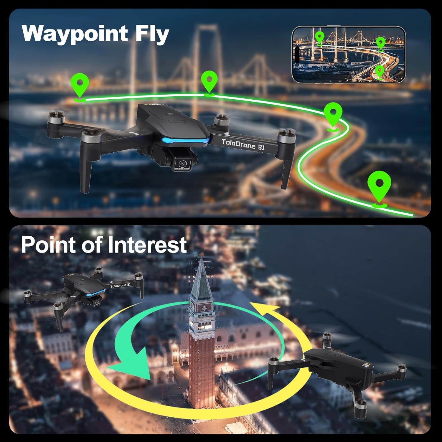 Toladrone Drone met 4K UHD-camera voor Volwassenen, GPS-drones met Borstelloze Motor, 5G Realtime Transmissie, Volgfunctie, Automatische Terugkeer, Drone voor Beginners TD31GPS