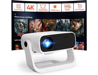 Smart Beamer 25000 Lumens, Android 11, 4D Keystone Correctie, 4K Beamer met Draaibare Standaard, WiFi 6 & Bluetooth 5.2