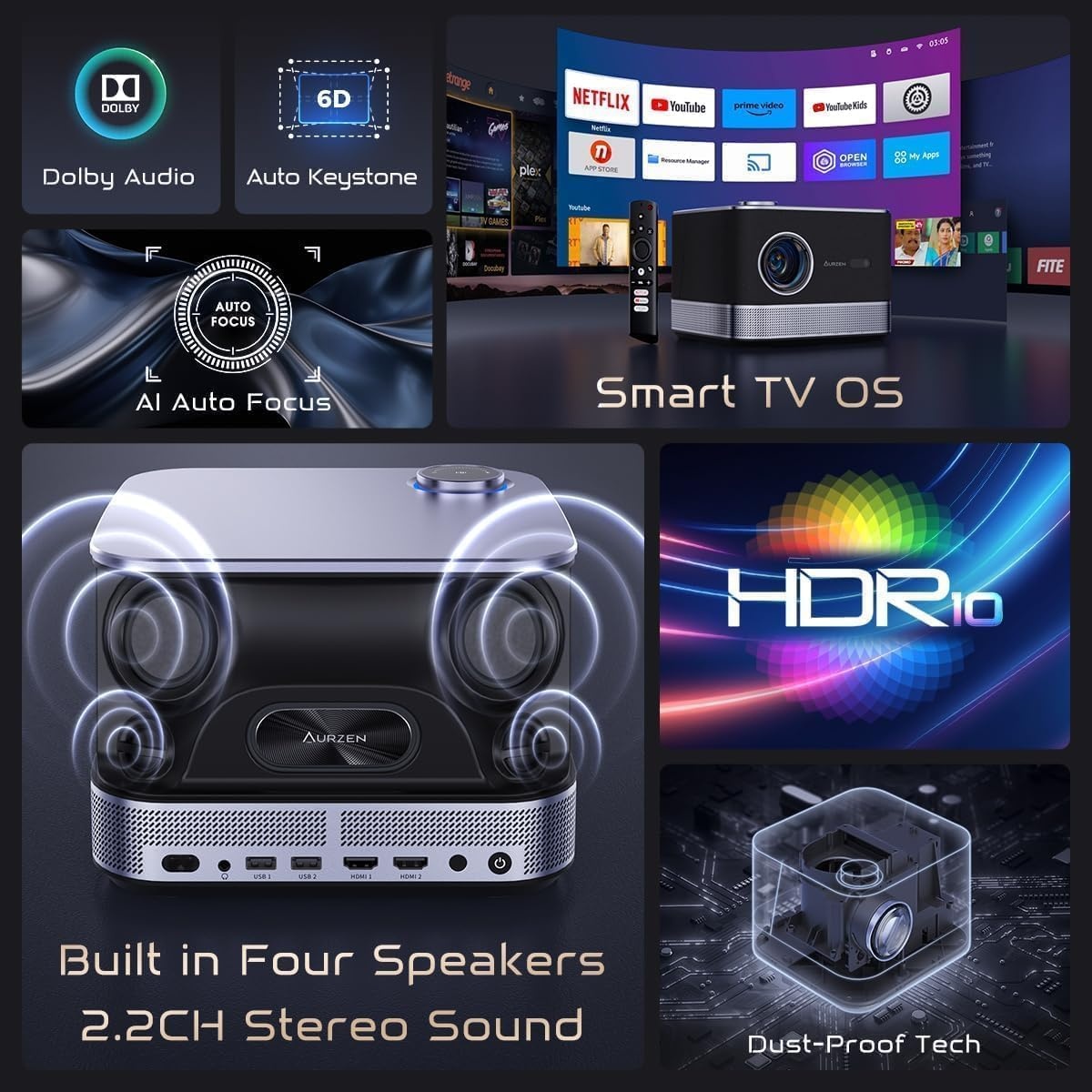 AURZEN Boom 3 Beamer: 4K, Netflix, 3D Dolby Audio - 29% Korting!