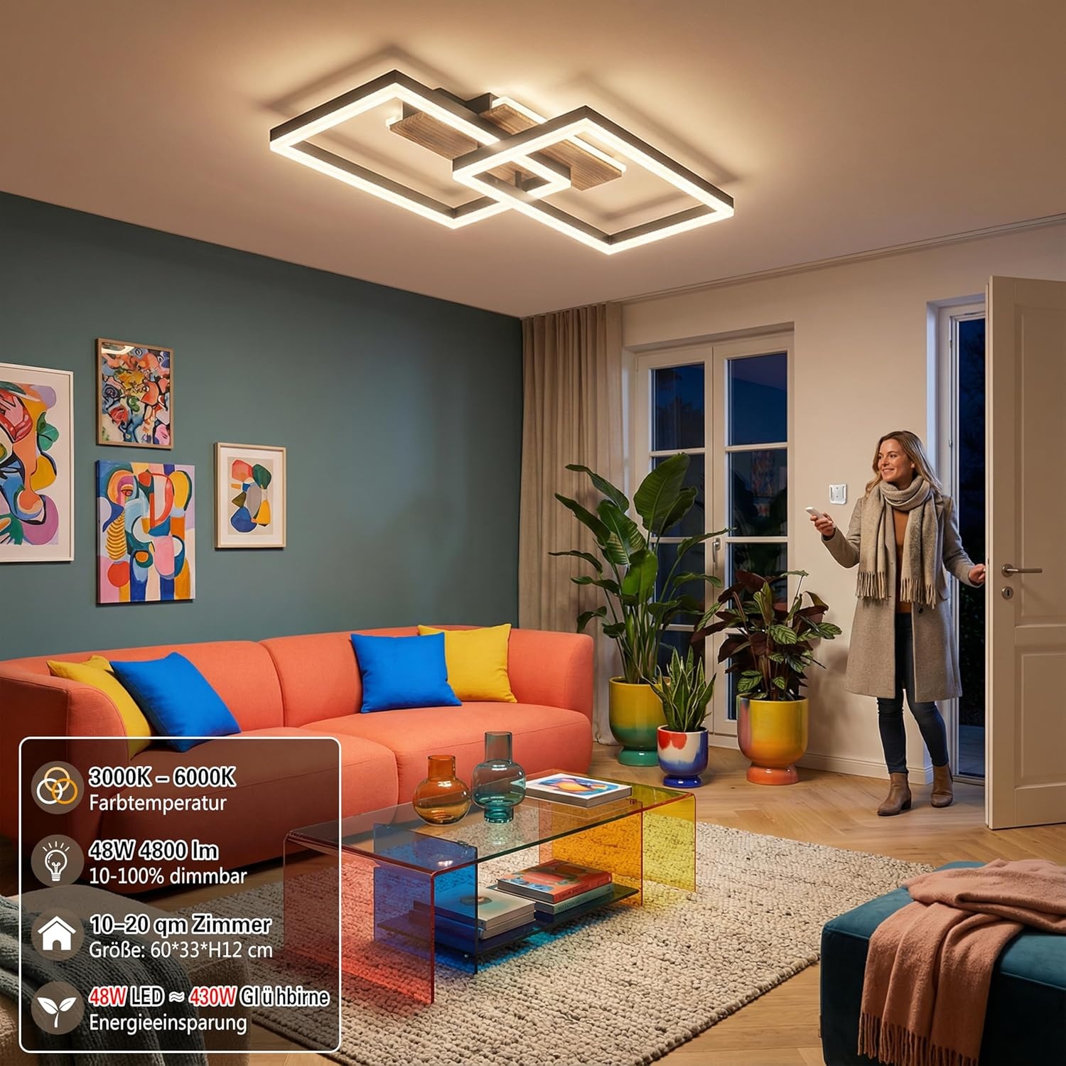 LED Plafondlamp Hout Dimbare Rechthoekige Vintage Lamp Zwart 48W 60cm 3000K-6000K met Afstandsbediening