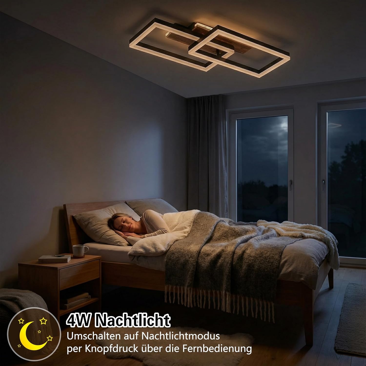 LED Plafondlamp Hout Dimbare Rechthoekige Vintage Lamp Zwart 48W 60cm 3000K-6000K met Afstandsbediening