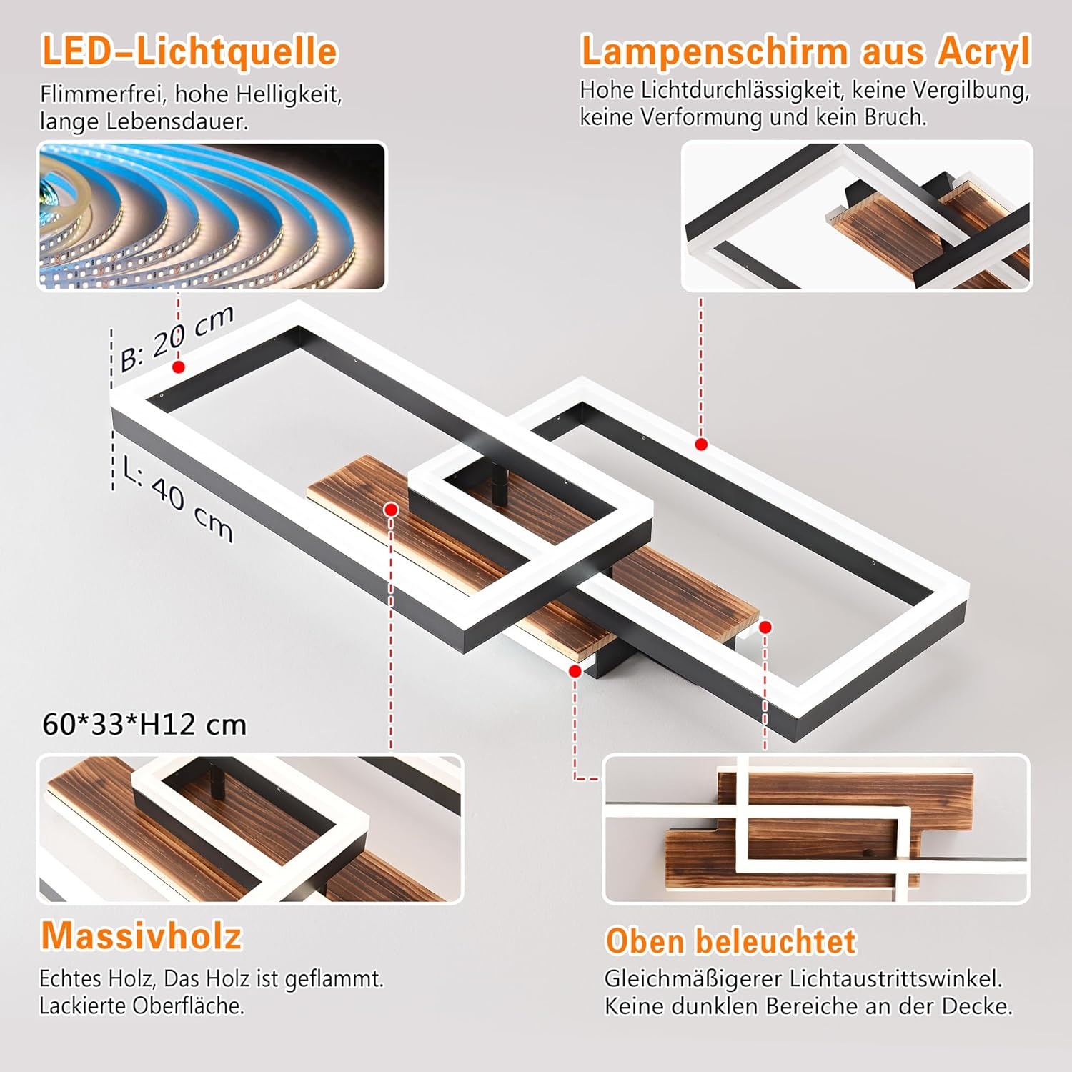 LED Plafondlamp Hout Dimbare Rechthoekige Vintage Lamp Zwart 48W 60cm 3000K-6000K met Afstandsbediening