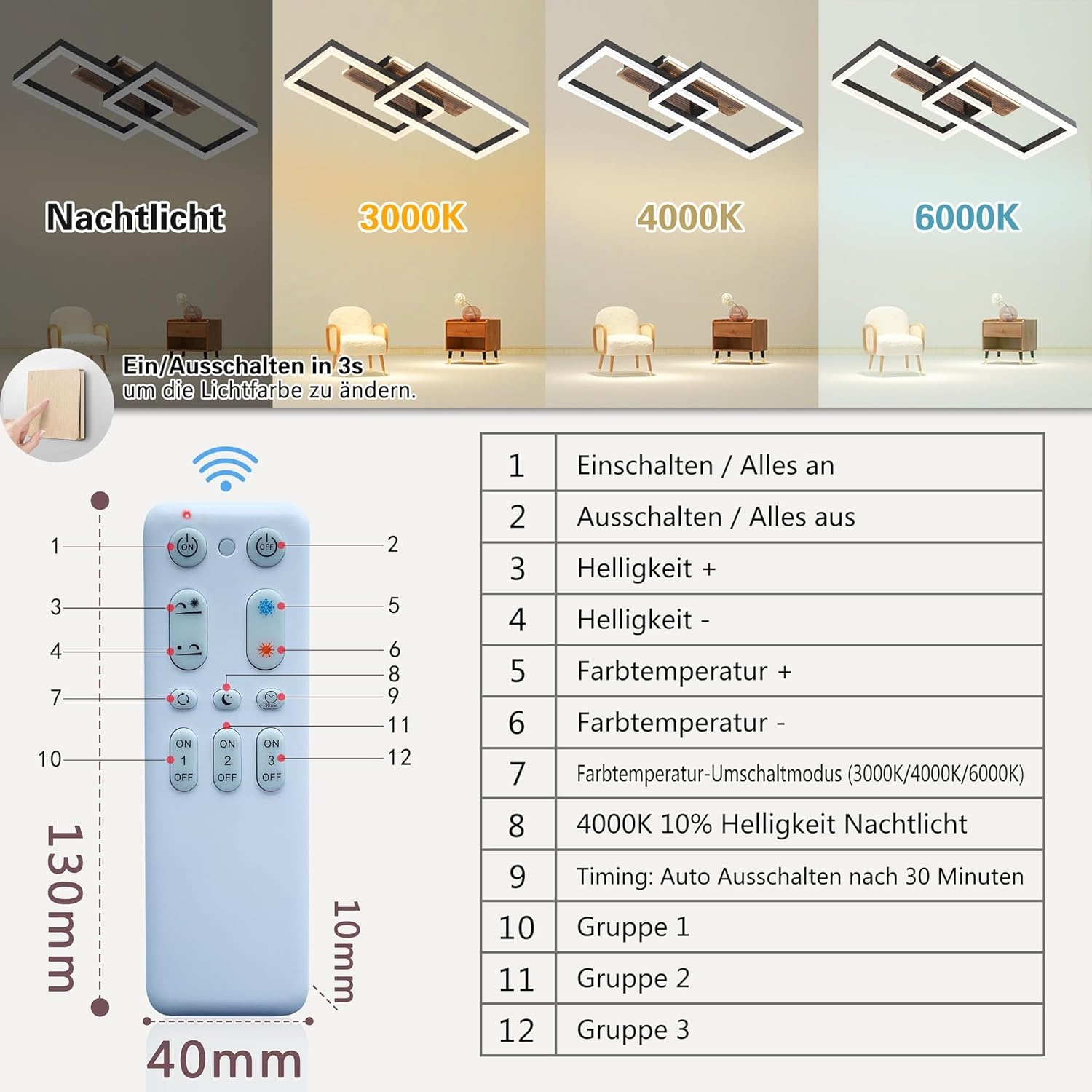 LED Plafondlamp Hout Dimbare Rechthoekige Vintage Lamp Zwart 48W 60cm 3000K-6000K met Afstandsbediening