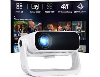 Nieuwe upgrade-projector met houder, geïntegreerde apps, automatische trapeziumcorrectie, wifi/Bluetooth, compatibel met verschillende apparaten