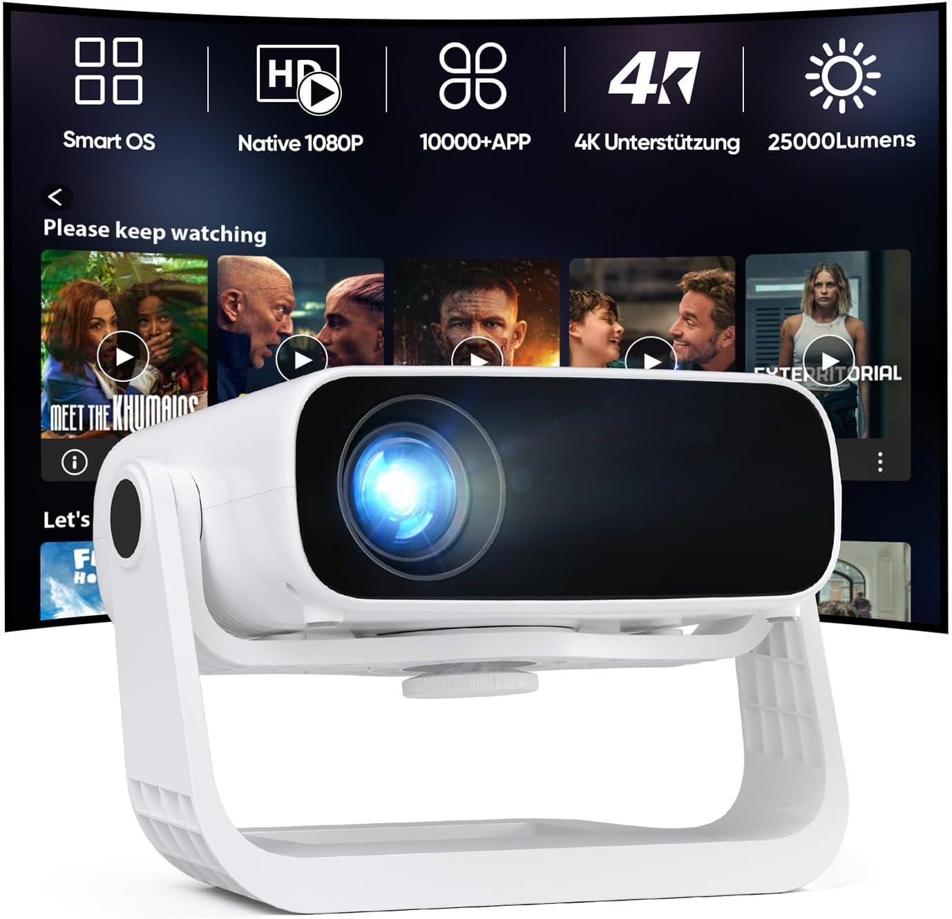 Nieuwe upgrade-projector met houder, geïntegreerde apps, automatische trapeziumcorrectie, wifi/Bluetooth, compatibel met verschillende apparaten