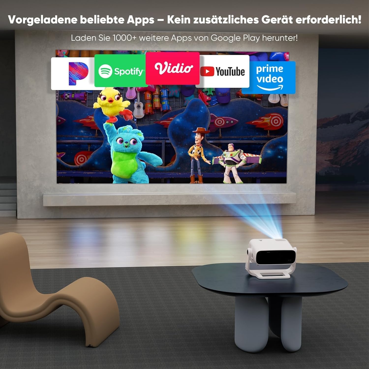 Nieuwe upgrade-projector met houder, geïntegreerde apps, automatische trapeziumcorrectie, wifi/Bluetooth, compatibel met verschillende apparaten