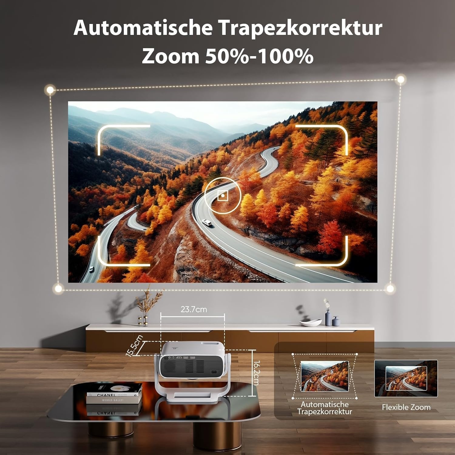 Nieuwe upgrade-projector met houder, geïntegreerde apps, automatische trapeziumcorrectie, wifi/Bluetooth, compatibel met verschillende apparaten