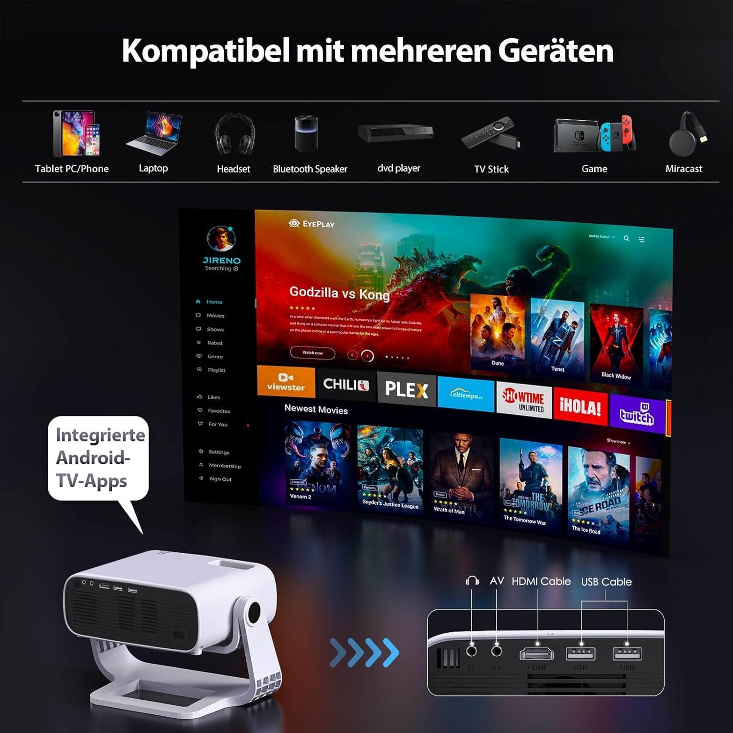Nieuwe upgrade-projector met houder, geïntegreerde apps, automatische trapeziumcorrectie, wifi/Bluetooth, compatibel met verschillende apparaten