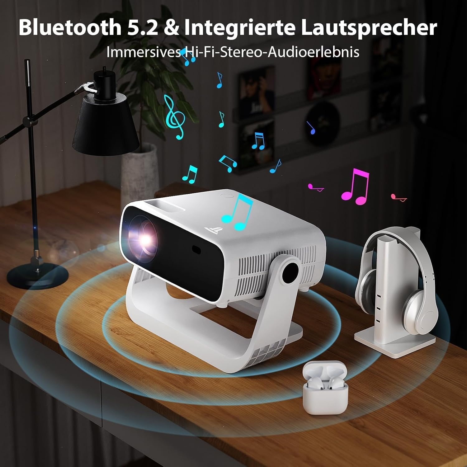 Nieuwe upgrade-projector met houder, geïntegreerde apps, automatische trapeziumcorrectie, wifi/Bluetooth, compatibel met verschillende apparaten