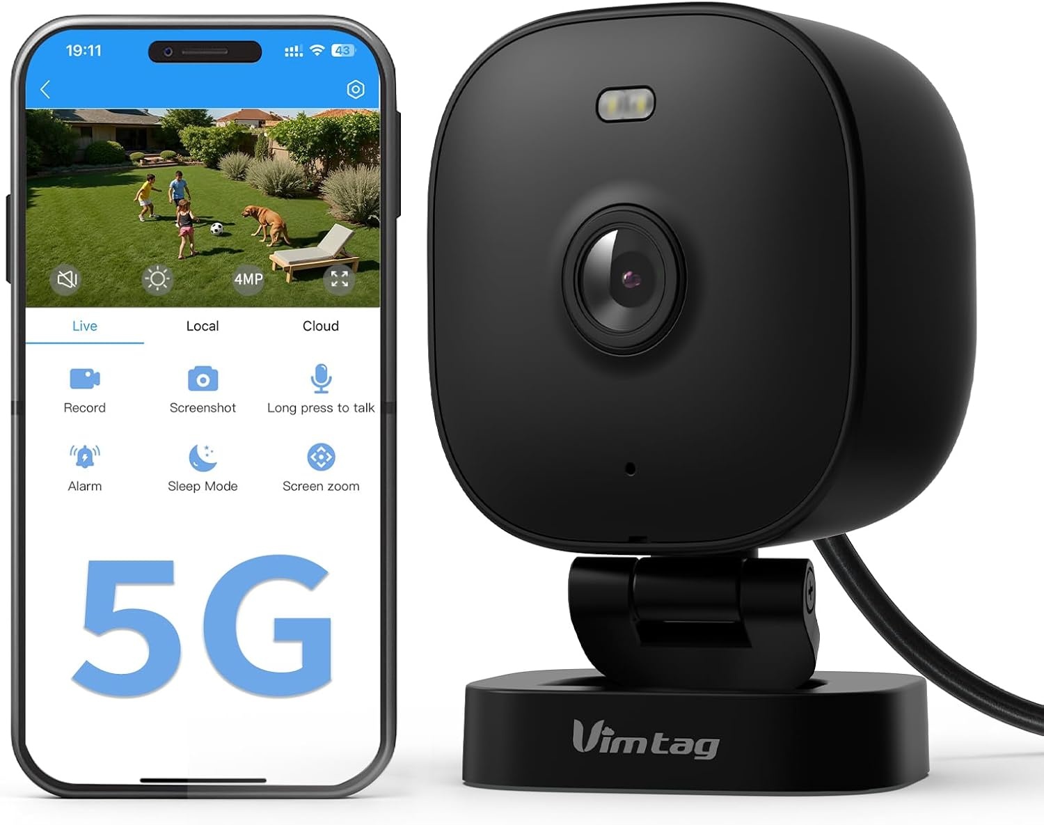 Vimtag 4MP bewakingscamera voor buiten, IP66 waterdicht, hondencamera voor buiten en binnen met nachtzicht in kleur, wifi-buitencamera met bewegingsmelder, 2-weg audio, huisdiercamera met app, zwart