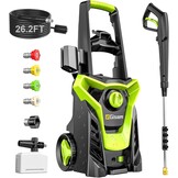 Gisam Hogedrukreiniger, 2200 watt, 180 bar, 480 l/u, met slangtrommel, 8 m, accessoireset met zeepfles, schuimmondstuk, hogedrukpistool voor auto, hek, tuin, patiënten