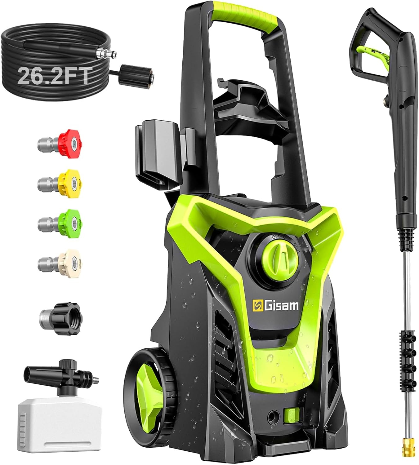 Gisam Hogedrukreiniger, 2200 watt, 180 bar, 480 l/u, met slangtrommel, 8 m, accessoireset met zeepfles, schuimmondstuk, hogedrukpistool voor auto, hek, tuin, patiënten