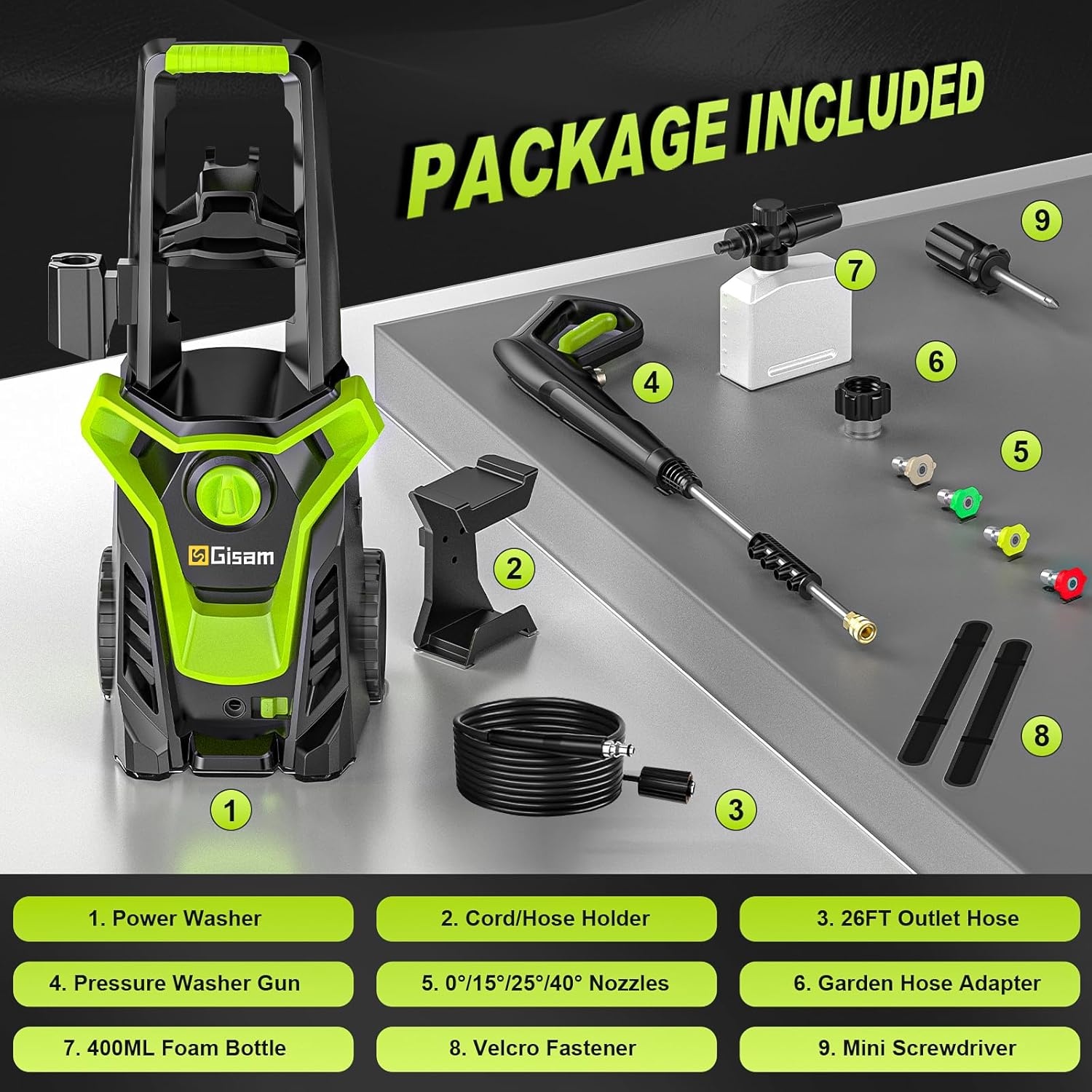 Gisam Hogedrukreiniger, 2200 watt, 180 bar, 480 l/u, met slangtrommel, 8 m, accessoireset met zeepfles, schuimmondstuk, hogedrukpistool voor auto, hek, tuin, patiënten