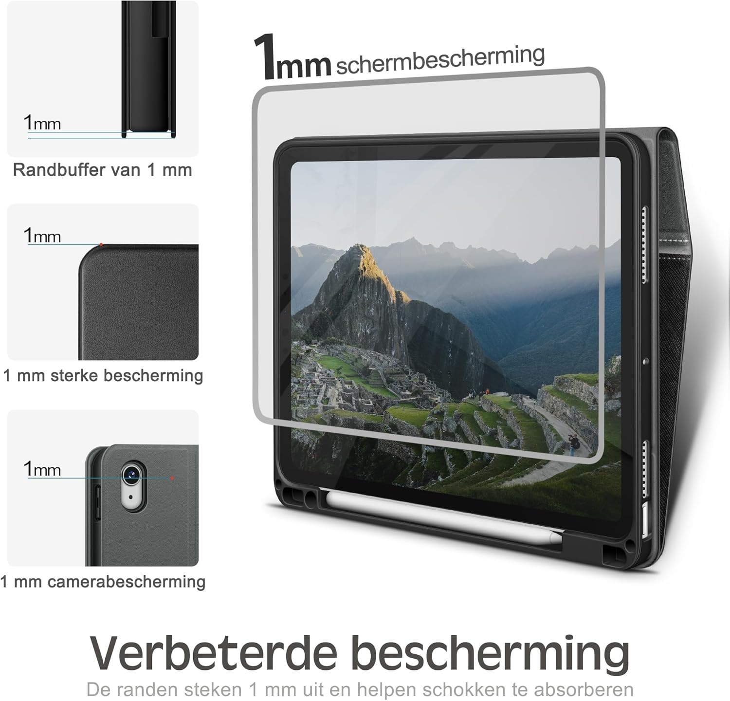 KingBlanc Hoes voor iPad Air 5e/4e generatie 2022/2020 met Apple Pencil-houder, veganistisch leer Smart Folio, verstelbare multi-standaard, Case voor iPad Air 10,9" - zwart