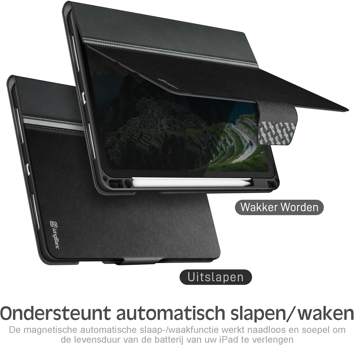 KingBlanc Hoes voor iPad Air 5e/4e generatie 2022/2020 met Apple Pencil-houder, veganistisch leer Smart Folio, verstelbare multi-standaard, Case voor iPad Air 10,9" - zwart