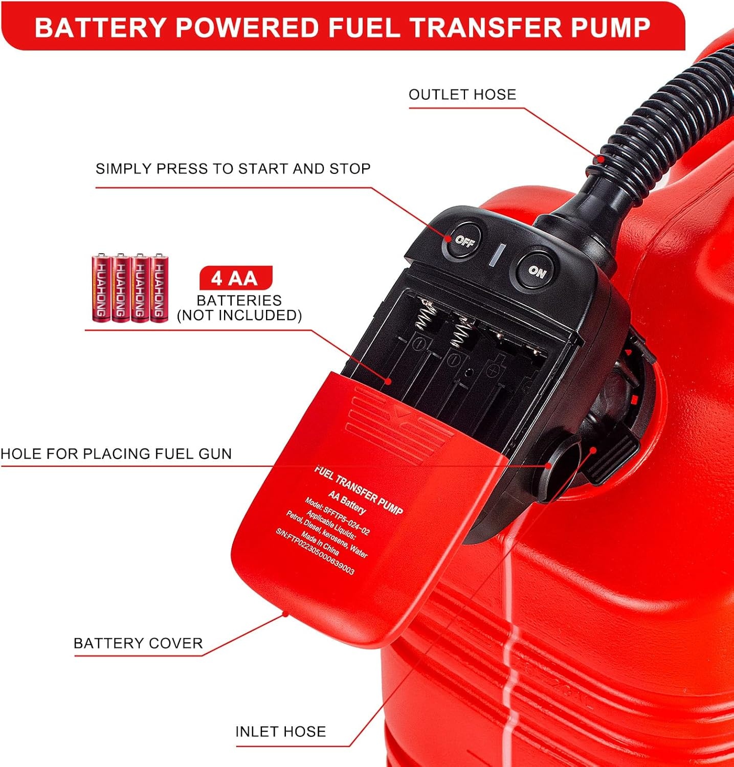 Elektrische Brandstofpomp met Automatische Stop, Dieselpomp, Vloeistof Overdrachtpomp met 3 Maten Adapter, Canisterpomp met Slang-2.4 GPM