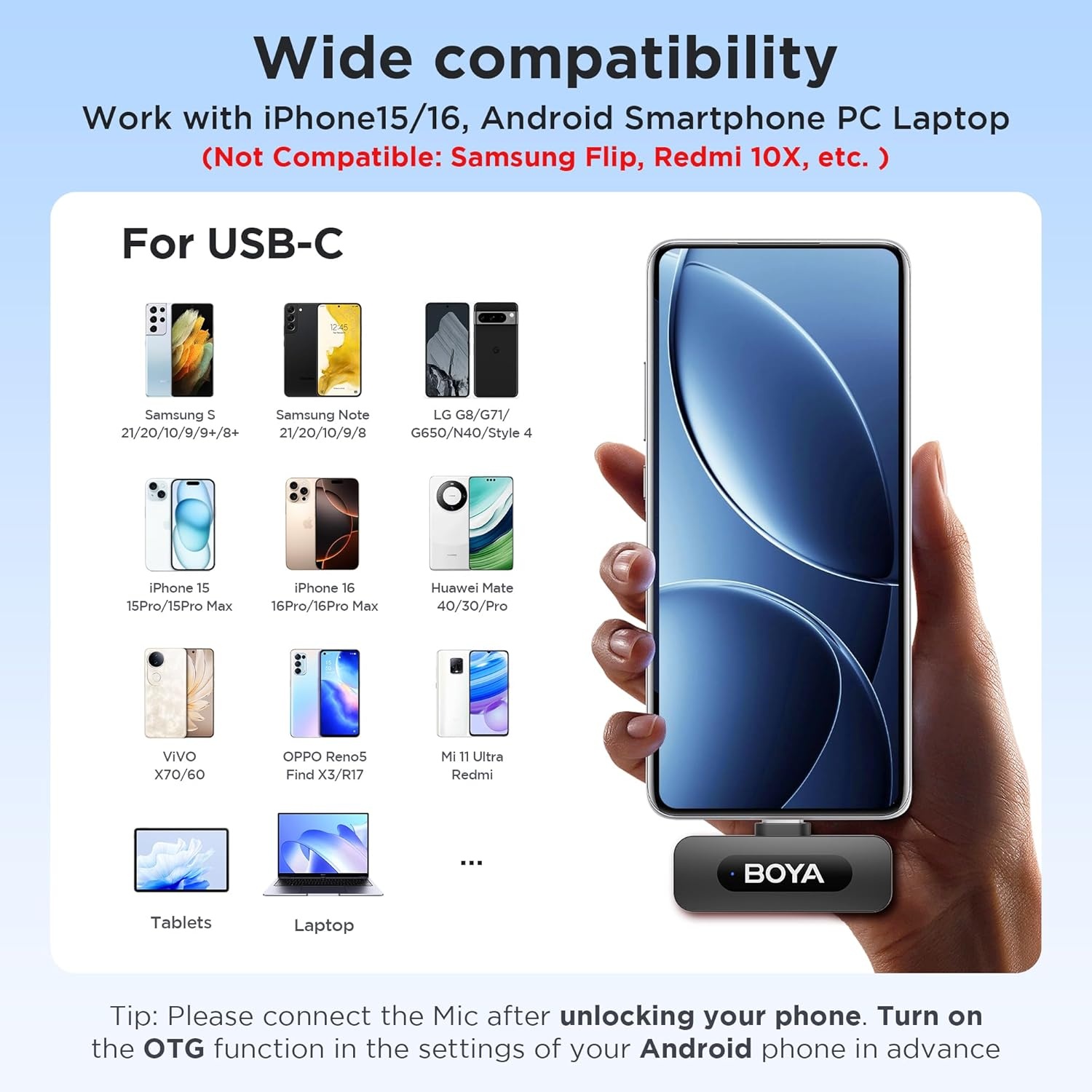 BOYA BY-V30 Mini Draadloze Lavalier Microfoon, 36 Uur Batterijduur, USB-C voor iPhone Android Livestreaming Vlog