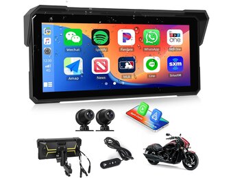CAMECHO Motorfiets CarPlay met dubbele camera's, 8,1 inch draadloos CarPlay & Android Auto IPS68 scherm, motorfiets navigatie ondersteuning Bluetooth / mirror link / Bluetooth / EQ / printdetectie