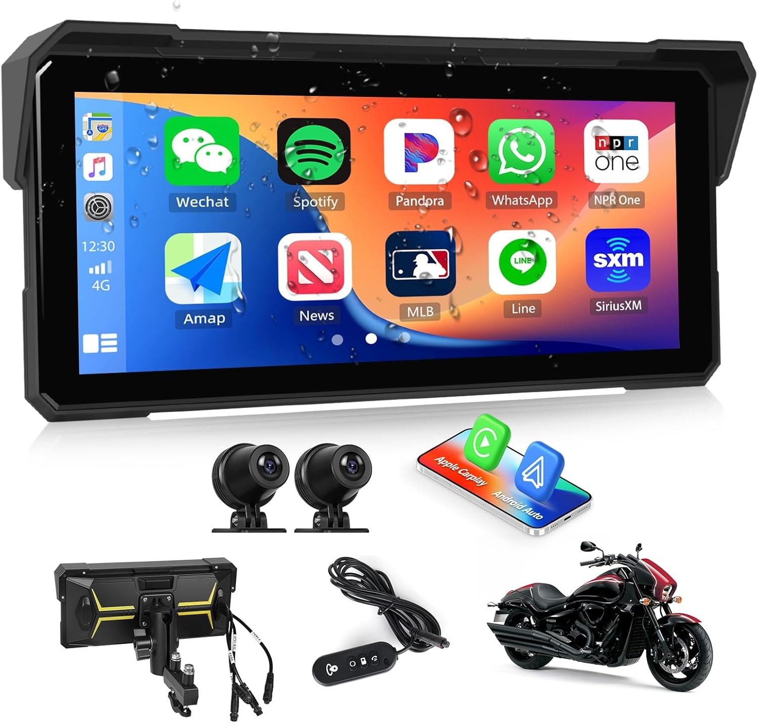 CAMECHO Motorfiets CarPlay met dubbele camera's, 8,1 inch draadloos CarPlay & Android Auto IPS68 scherm, motorfiets navigatie ondersteuning Bluetooth / mirror link / Bluetooth / EQ / printdetectie