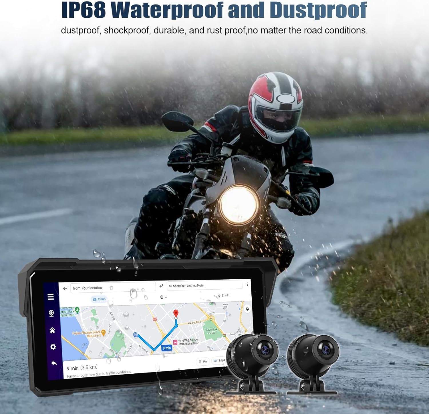 CAMECHO Motorfiets CarPlay met dubbele camera's, 8,1 inch draadloos CarPlay & Android Auto IPS68 scherm, motorfiets navigatie ondersteuning Bluetooth / mirror link / Bluetooth / EQ / printdetectie