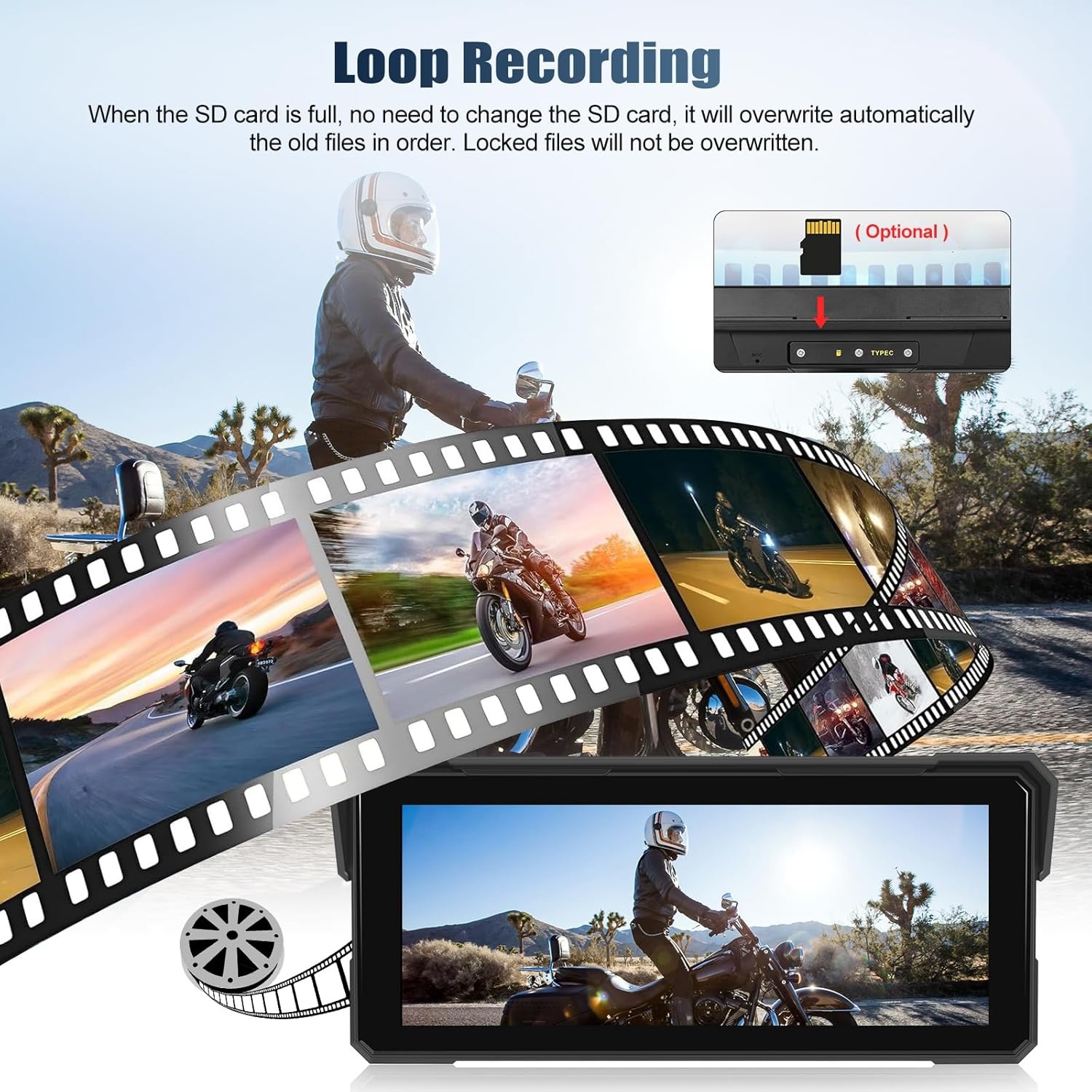 CAMECHO Motorfiets CarPlay met dubbele camera's, 8,1 inch draadloos CarPlay & Android Auto IPS68 scherm, motorfiets navigatie ondersteuning Bluetooth / mirror link / Bluetooth / EQ / printdetectie