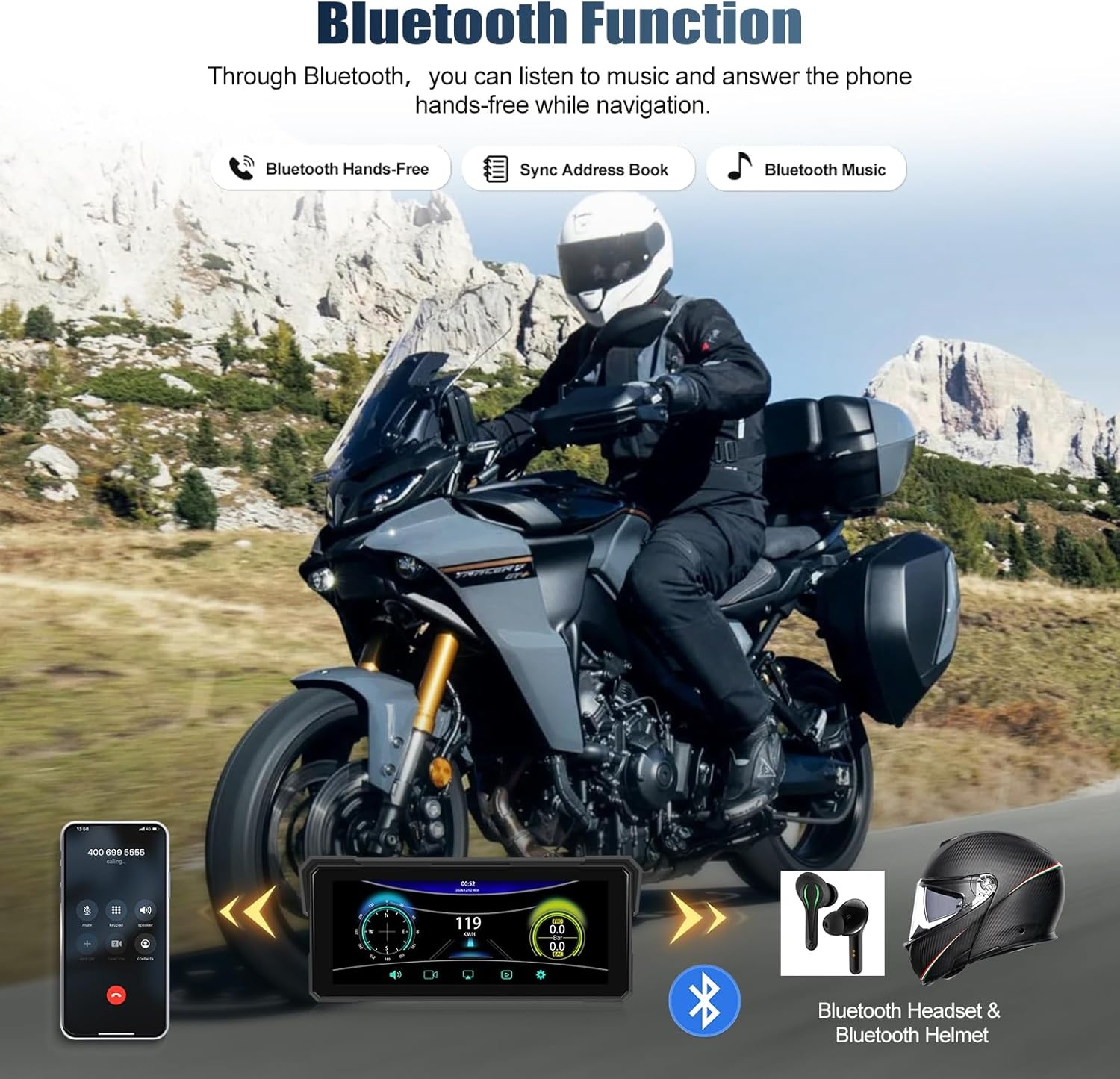 CAMECHO Motorfiets CarPlay met dubbele camera's, 8,1 inch draadloos CarPlay & Android Auto IPS68 scherm, motorfiets navigatie ondersteuning Bluetooth / mirror link / Bluetooth / EQ / printdetectie