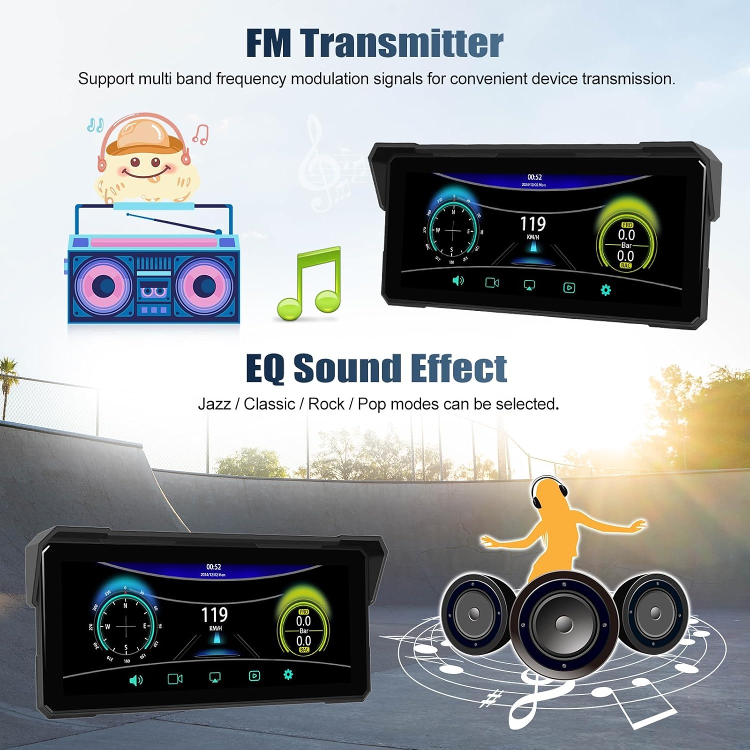 CAMECHO Motorfiets CarPlay met dubbele camera's, 8,1 inch draadloos CarPlay & Android Auto IPS68 scherm, motorfiets navigatie ondersteuning Bluetooth / mirror link / Bluetooth / EQ / printdetectie