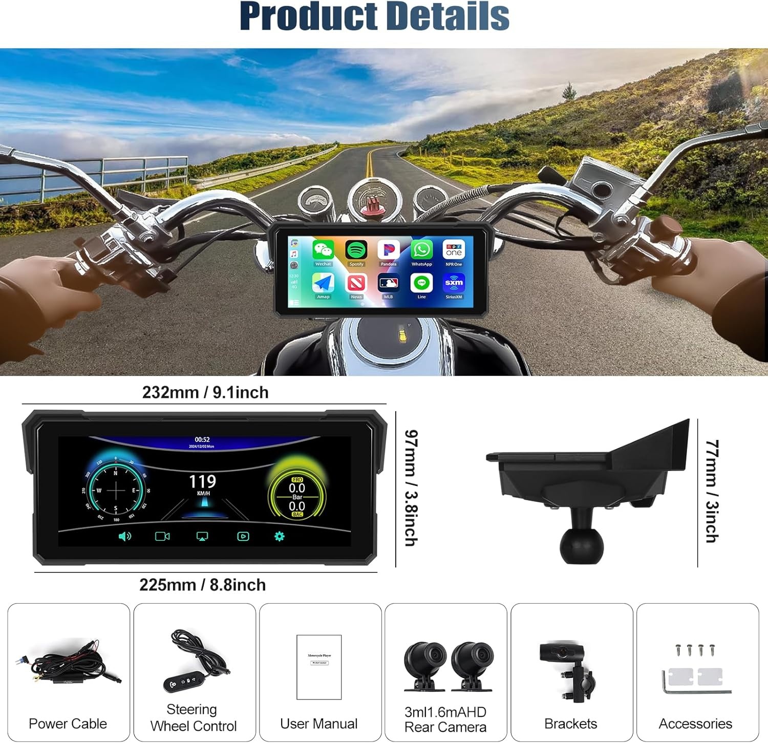 CAMECHO Motorfiets CarPlay met dubbele camera's, 8,1 inch draadloos CarPlay & Android Auto IPS68 scherm, motorfiets navigatie ondersteuning Bluetooth / mirror link / Bluetooth / EQ / printdetectie
